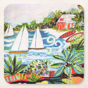 Red Cottage by the Bay II Square Paper Coaster