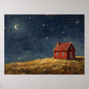 Red Cottage Swirling Night Sky Painting Poster