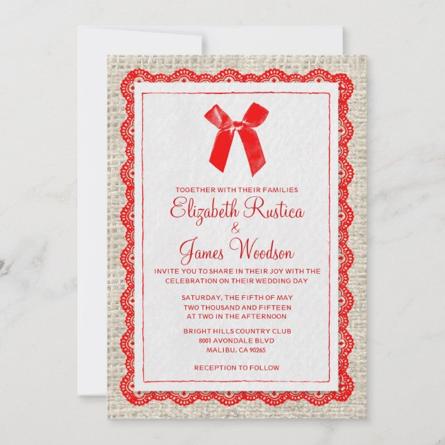 Red Country Burlap Wedding Invitations (Front)