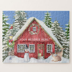 Red Country House Snow Christmas Scene   Jigsaw Puzzle