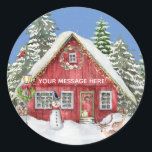 Red Country House Snow Christmas Scene Name Classic Round Sticker<br><div class="desc">The perfect Christmas scene -- snow falling; snow covered trees; the house decorated with lights; a snowman in front; deer out front. For yourself or very special as a gift. Personalise the message as you wish. Any design issues or questions, just email: charmdesignstudio@rcn.com and we will be delighted to assist....</div>