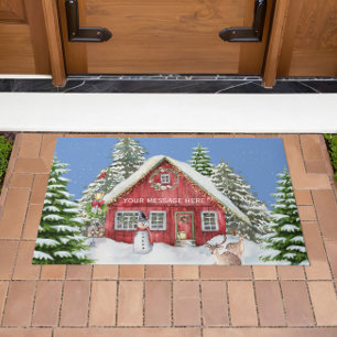 Red Country House Snow Holiday Scene Doormat