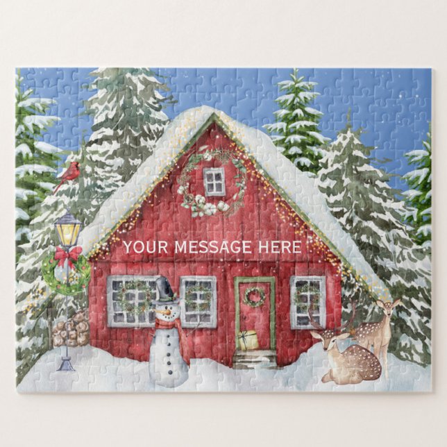 Red Country House Snow Holiday Scene Personalised Jigsaw Puzzle (Creator Uploaded)