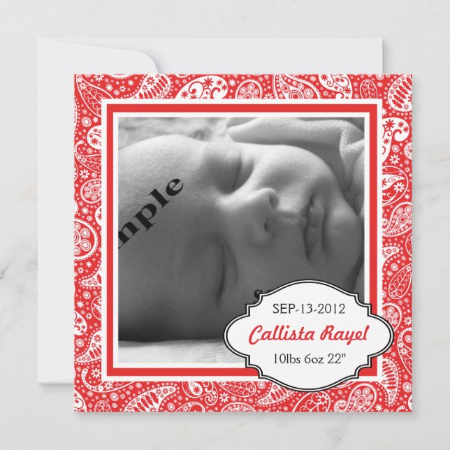 RED Country Paisley Photo Birth and Baby Shower Invitation (Front)