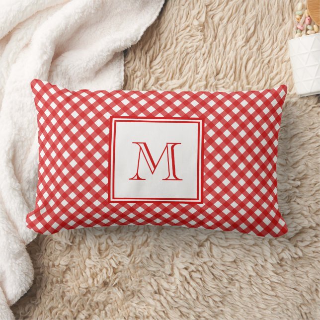 Red Country Style Gingham Pattern Monogram Lumbar Cushion (Blanket)