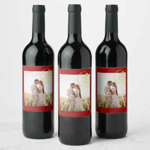 Red Couple photo Chinese wedding stamp logo Wine Label