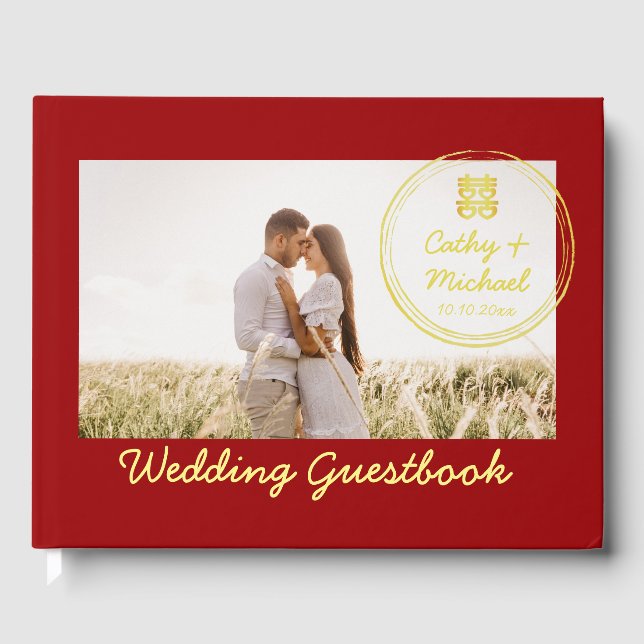 Red Couple photo with stamp logo Chinese wedding Guest Book (Front)