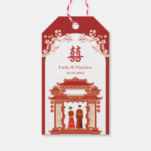 Red couple temple cherry blossom Chinese wedding Gift Tags