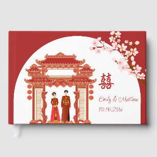 Red couple temple floral Chinese wedding Guest Book