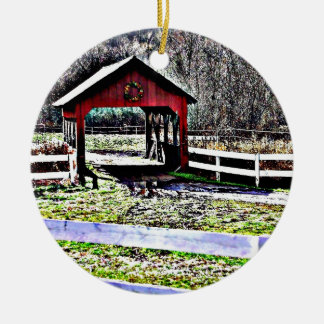 Red Covered Bridge Landscape Ceramic Tree Decoration