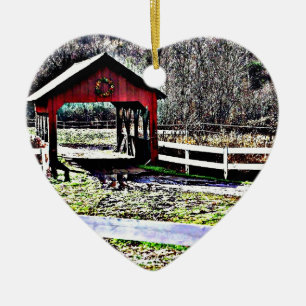 Red Covered Bridge Landscape Ceramic Tree Decoration
