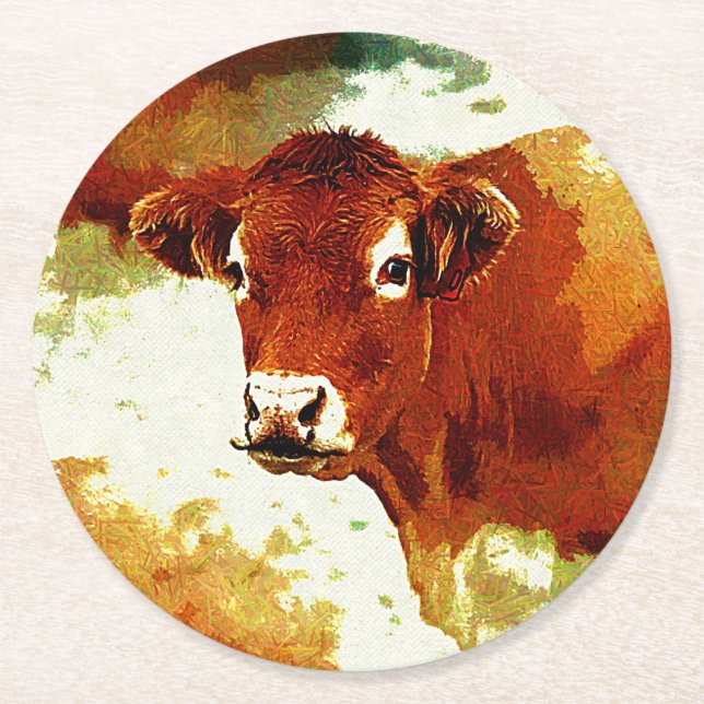Red Cow Painting Round Paper Coaster (Front)