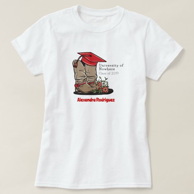 Red Cowboy Boot Graduation Cap & Flowers T-Shirt (Design Front)