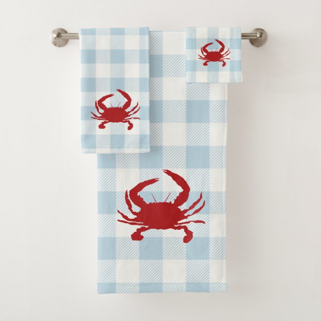 Red Crab Check Gingham Pattern Bath Towel Set (Insitu)