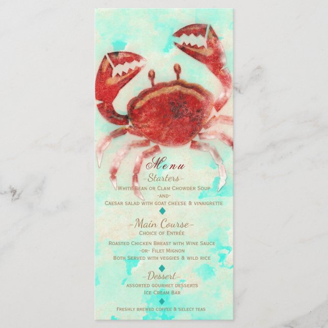 Red Crab Elegant Beach Engagement Custom Menu Card (Front)