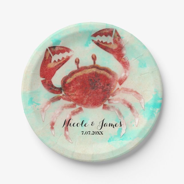 Red Crab Elegant Beach Party Engagement Custom Paper Plate (Front)