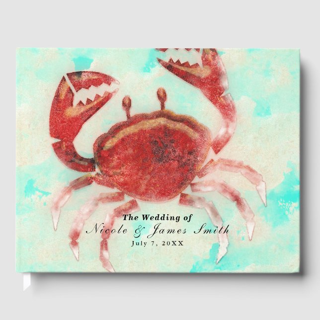 Red Crab Elegant Beach Personalised Wedding Party Guest Book (Front)