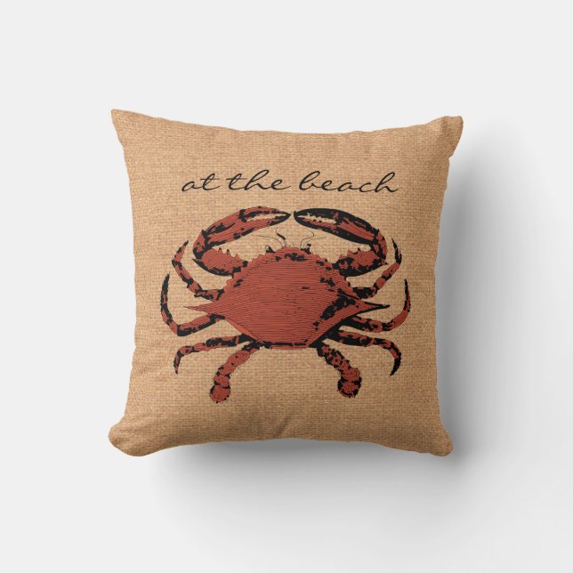 Red Crab Illustration - Nautical Burlap Beach Home Cushion (Front)