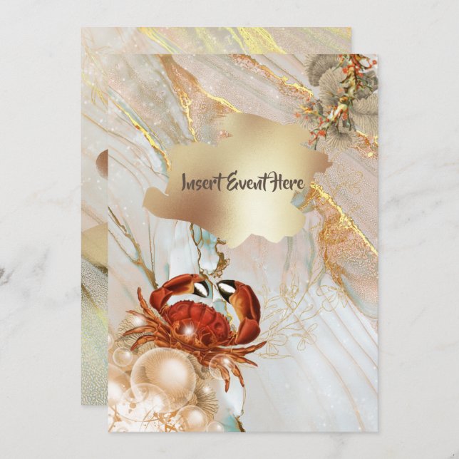 Red crab marble gold liquid elegant party chic invitation (Front/Back)