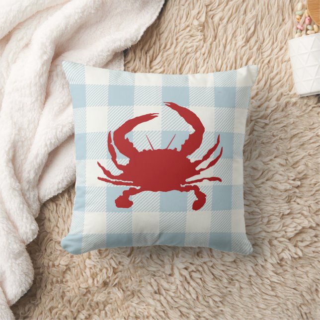 Red Crab Nautical Blue Gingham Check Cushion (Blanket)