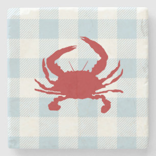 Red Crab Nautical Gingham Check Stone Coaster