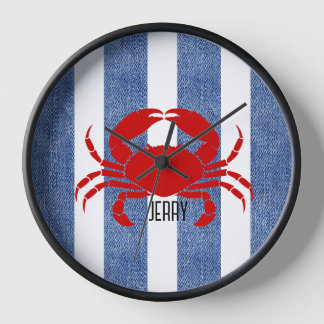 Red Crab on Blue Denim Stripes Clock