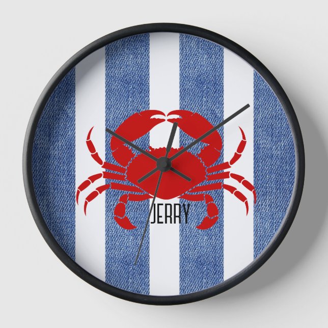 Red Crab on Blue Denim Stripes Clock (Front)