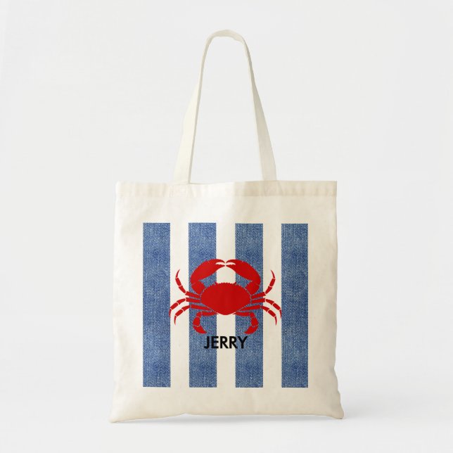 Red Crab on Blue Denim Stripes Tote Bag (Front)