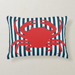 Red Crab on Nautical Stripes Decorative Cushion