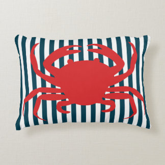 Red Crab on Nautical Stripes Decorative Cushion
