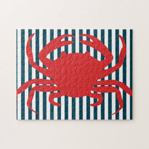 Red Crab on Nautical Stripes Jigsaw Puzzle