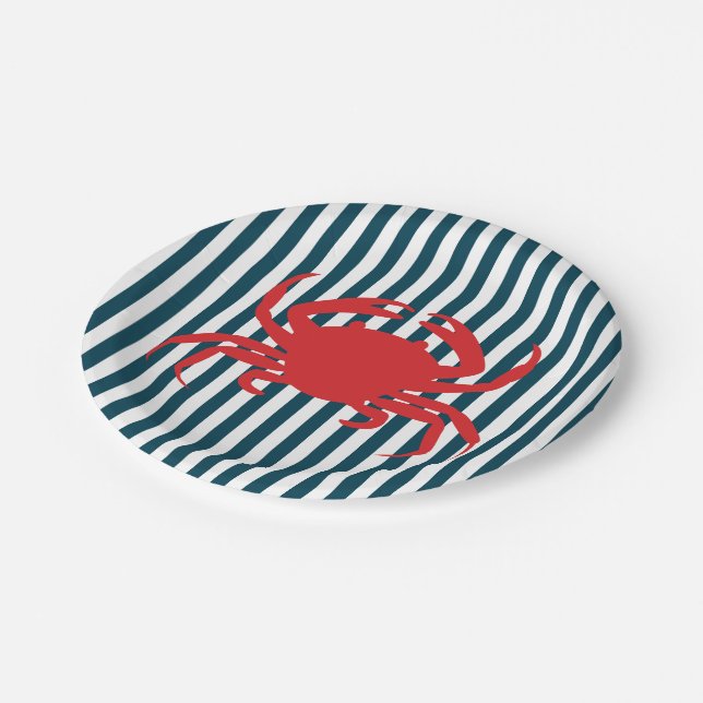 Red Crab on Nautical Stripes Paper Plate (Angled)