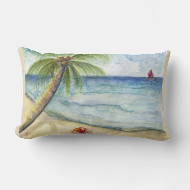 Red Crab on Sand Beach Sailing palm tree HomeDecor Lumbar Cushion (Front)