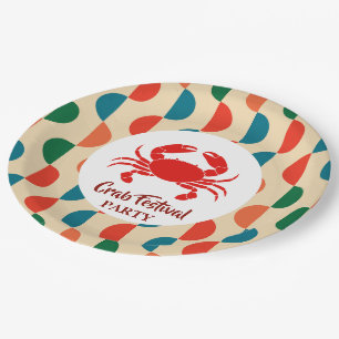 Red Crab Seafood Nautical Stripes geometric Party Paper Plate