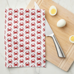 Red Crab Silhouette Monogram Pattern Beach Tea Towel