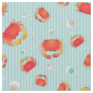 Red Crabs & Sea Shells with Stripes Fabric
