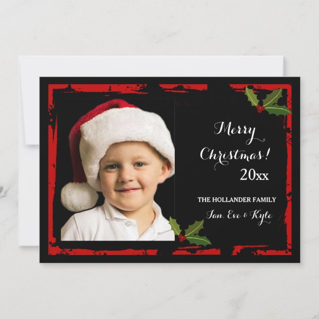 Red Crackle Frame Photo Christmas Card (Front)