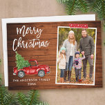 Red Craft Tape Brush Script Truck Wood Christmas Holiday Card<br><div class="desc">Modern Brush Script Watercolor Vintage Red Truck with Christmas Tree Merry Christmas Family Photo Holiday Card - Rustic Country Wood,  Red Snowflake Craft Tape</div>