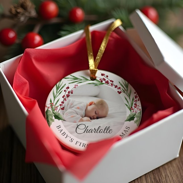 Red Cranberry Foliage Baby's First Christmas Photo Ceramic Tree Decoration (Red Cranberry Foliage Baby's First Christmas Photo Ceramic Ornament)