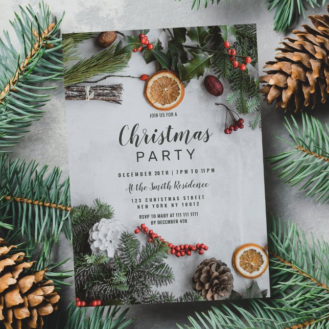 Red Cranberry Orange Winter Pinetree Christmas Invitation (Red Cranberry Orange Winter Pinetree Christmas )