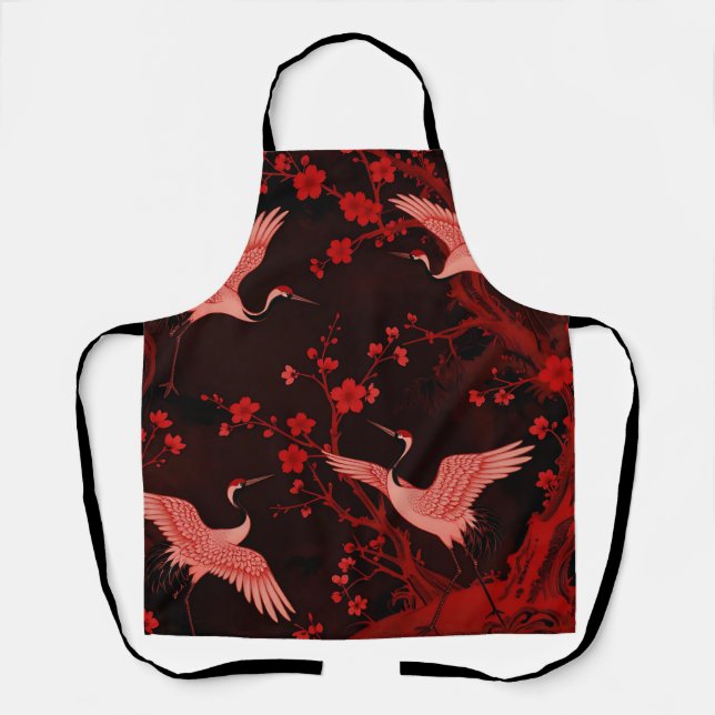 Red Crane Cherry Blossom Chinoiserie Pattern Apron (Front)