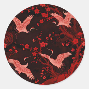Red Crane Cherry Blossom Chinoiserie Pattern Classic Round Sticker