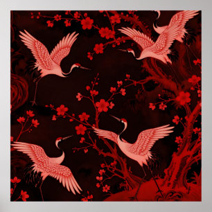 Red Crane Cherry Blossom Chinoiserie Pattern Poster