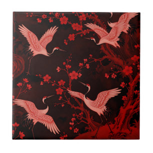 Red Crane Cherry Blossom Chinoiserie Pattern Tile