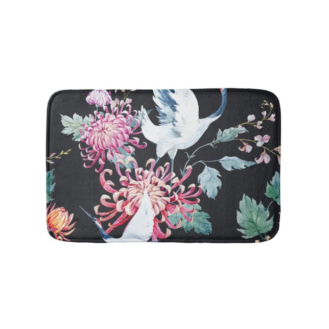 Red Crane Chrysanthemum Watercolor Pattern Bath Mat (Front)