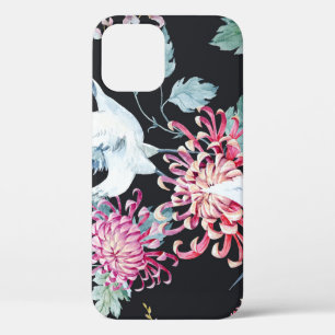 Red Crane Chrysanthemum Watercolor Pattern iPhone 12 Case