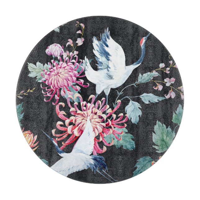 Red Crane Chrysanthemum Watercolor Pattern Cutting Board (Front)