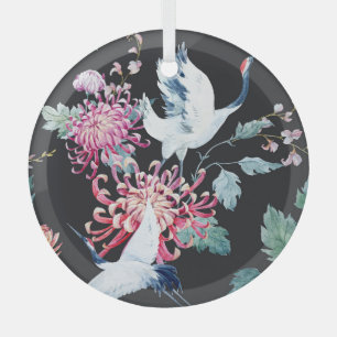Red Crane Chrysanthemum Watercolor Pattern Glass Tree Decoration