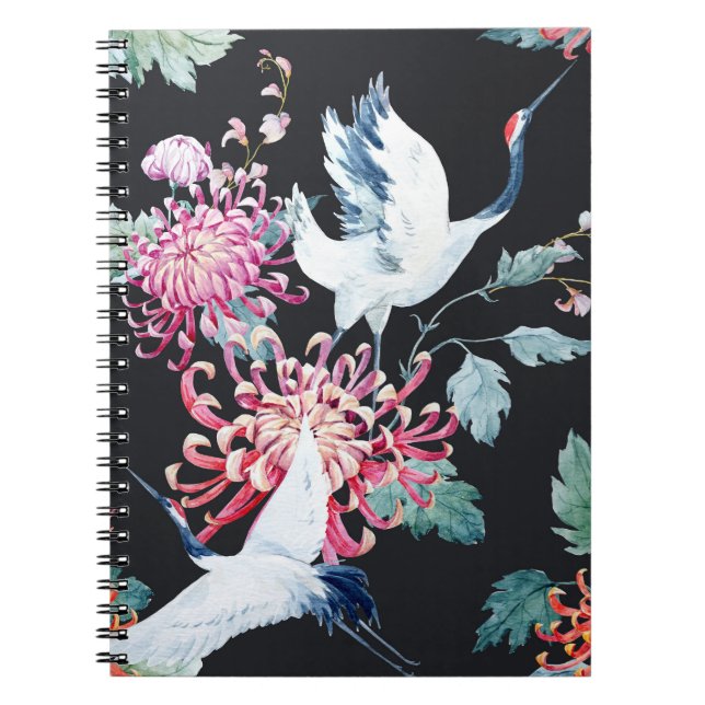 Red Crane Chrysanthemum Watercolor Pattern Notebook (Front)