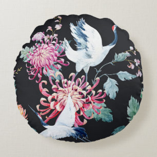 Red Crane Chrysanthemum Watercolor Pattern Round Cushion